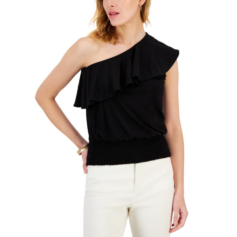 INC International Concepts Women's XL Black Ruffled One-Shoulder Smocked Top NWT